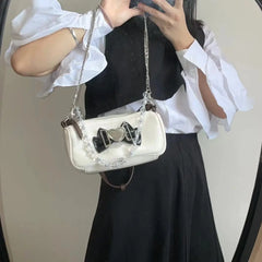 Y2K Sweet Heart Shoulder Bag Retro Bowknot Chain Clutch Purse Handbags