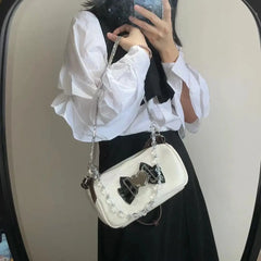 Y2K Sweet Heart Shoulder Bag Retro Bowknot Chain Clutch Purse Handbags