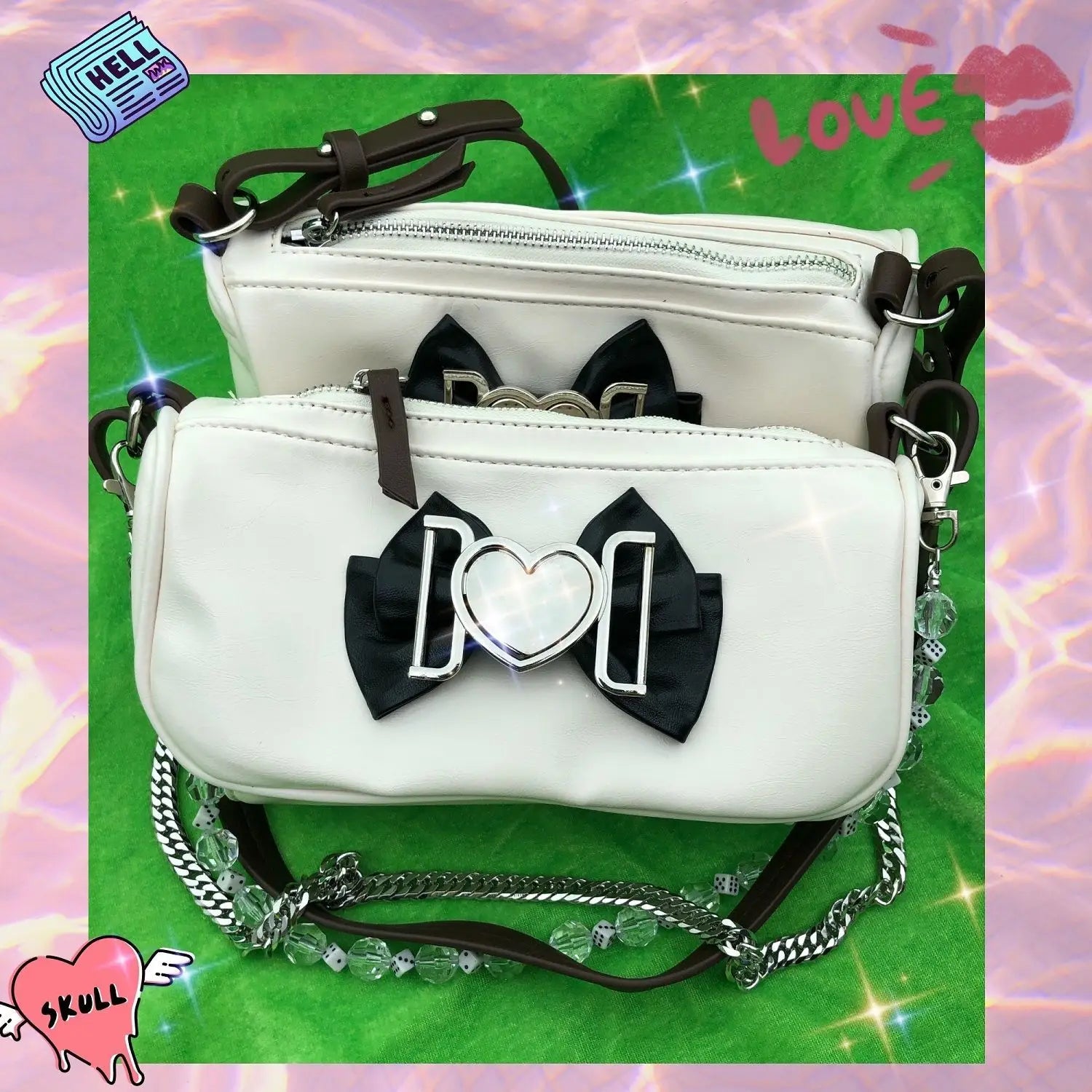 Y2K Sweet Heart Shoulder Bag Retro Bowknot Chain Clutch Purse Handbags