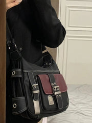 Y2K Vintage PU Leather Shoulder Bag Women's Hip hop Messenger Bag