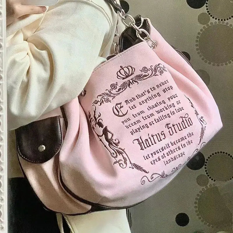 Y2K Pink Gothic Tote Bag Embroidery Retro Grunge Chain Shoulder Bags