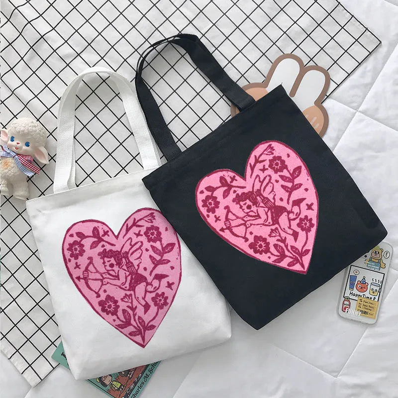 Y2K Angel Print Canvas Bag Large Capacity Shoulder Handbag