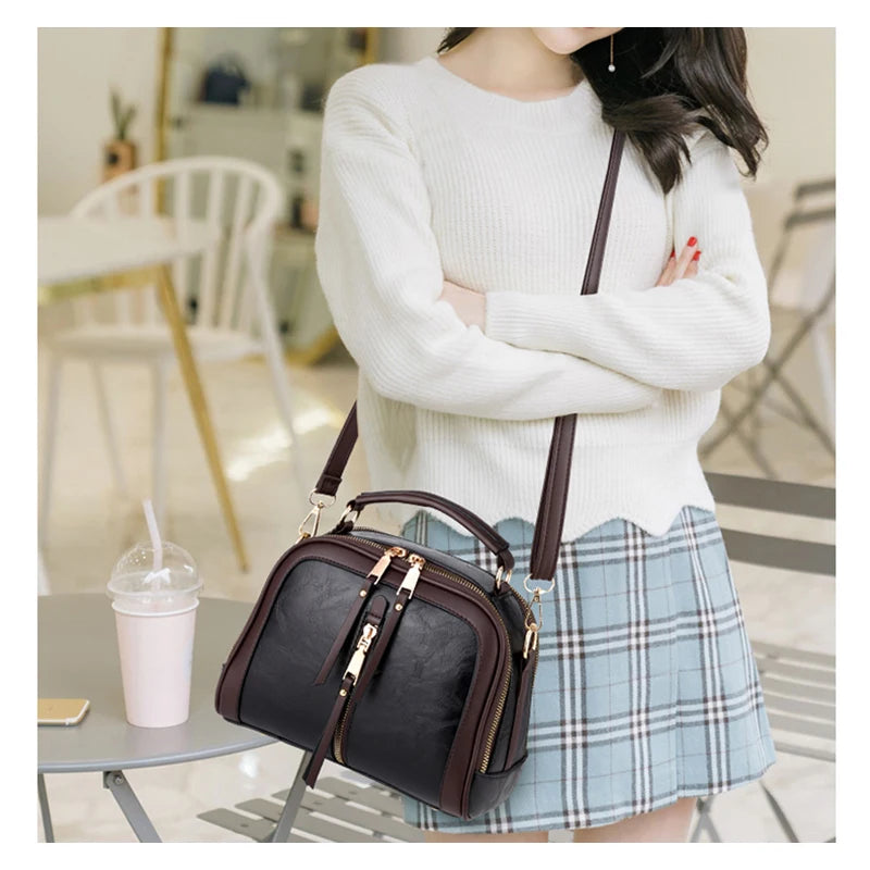 Retro Small Leather Handbag with Zipper, Women's Shoulder Crossbody Bag