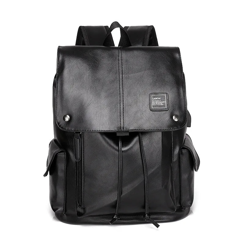 Men's PU Leather Large Capacity Backpack Outdoor Travel Laptop Bag