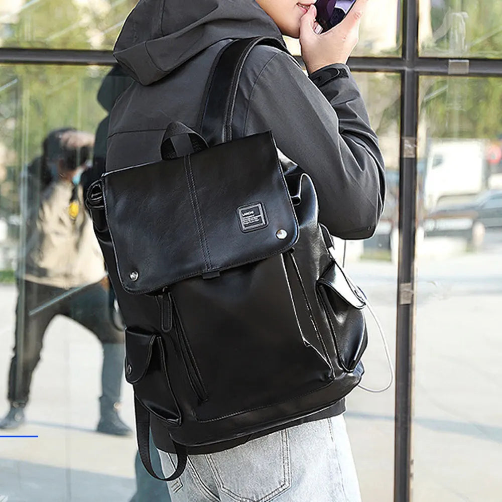 Men's PU Leather Large Capacity Backpack Outdoor Travel Laptop Bag