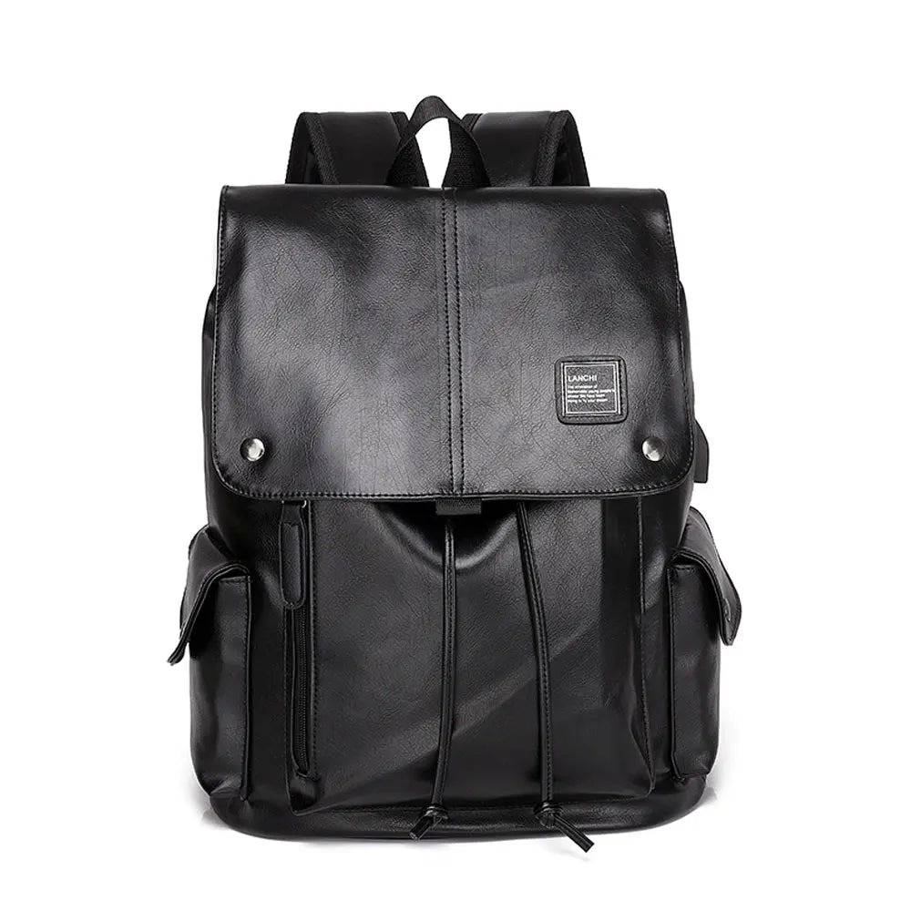 Men's PU Leather Large Capacity Backpack Outdoor Travel Laptop Bag