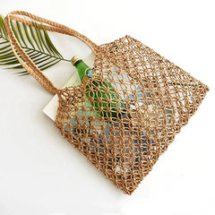 Boho Shoulder Bag with Woven Mesh Rope Tie Buckle