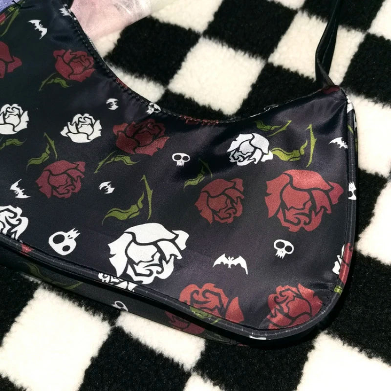 American Vintage Gothic Rose Skeleton Nylon Shoulder Bag