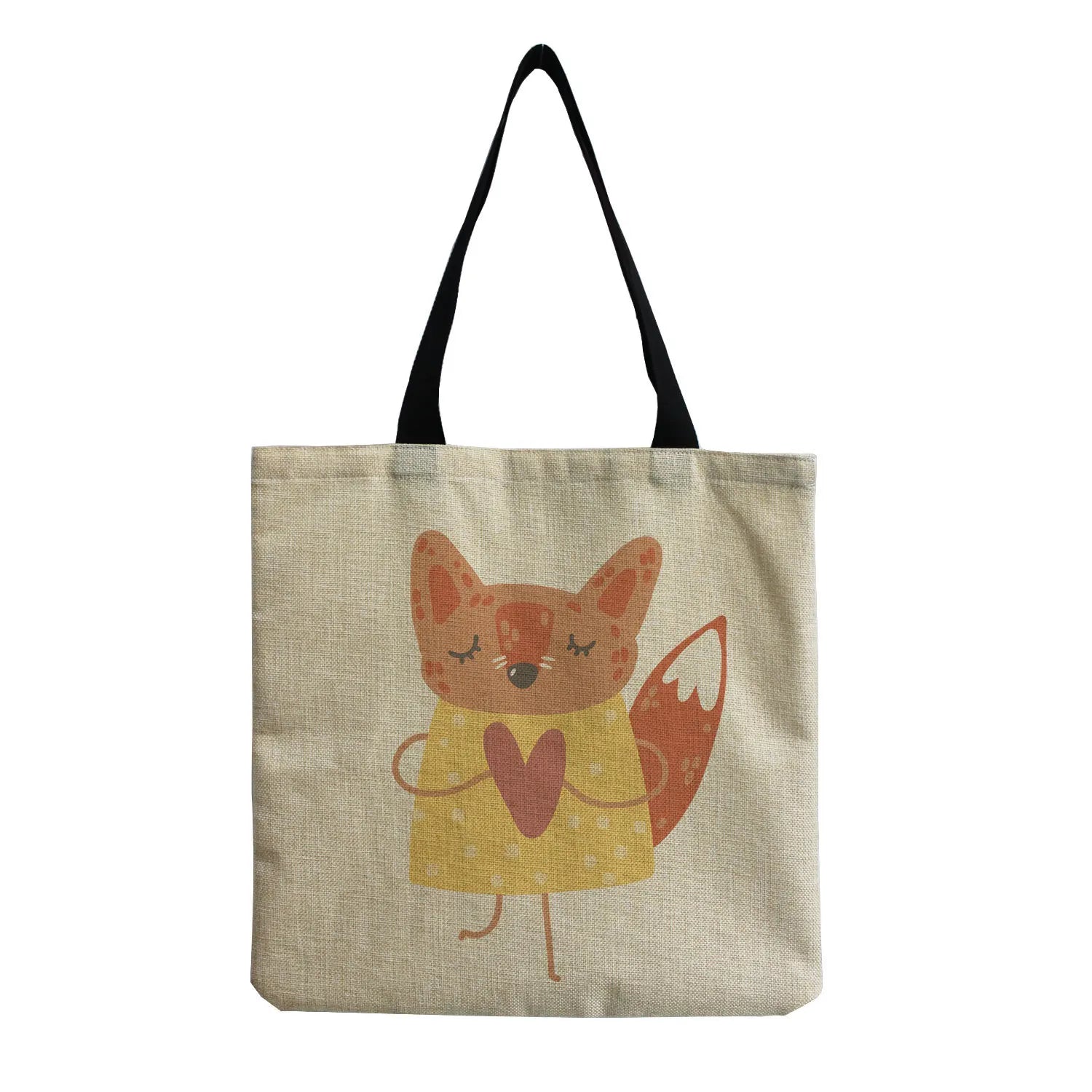 Fox Printed Linen Fabric Shoulder Bag For Women Girl Tote Handbag