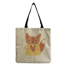 Fox Printed Linen Fabric Shoulder Bag For Women Girl Tote Handbag
