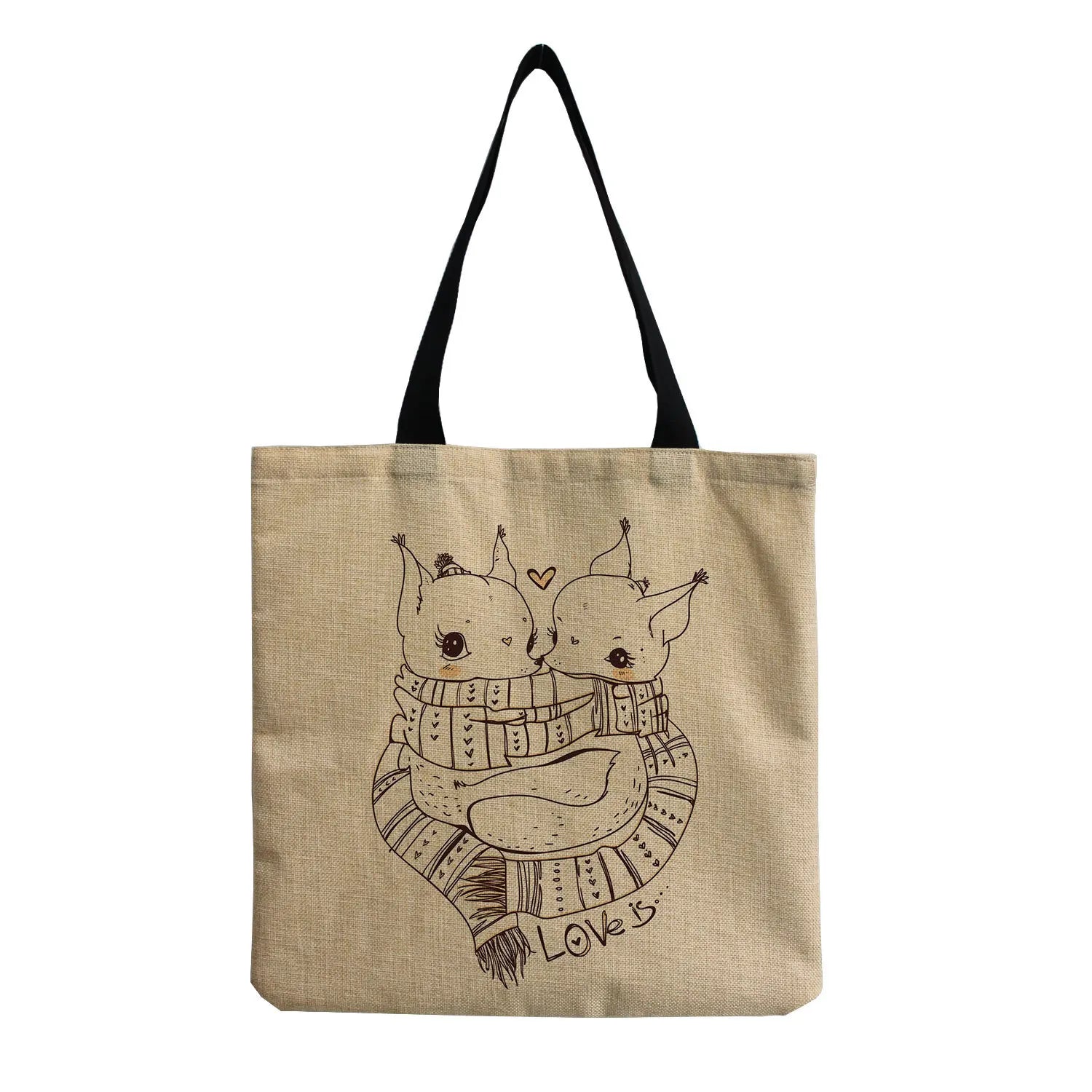 Fox Printed Linen Fabric Shoulder Bag For Women Girl Tote Handbag