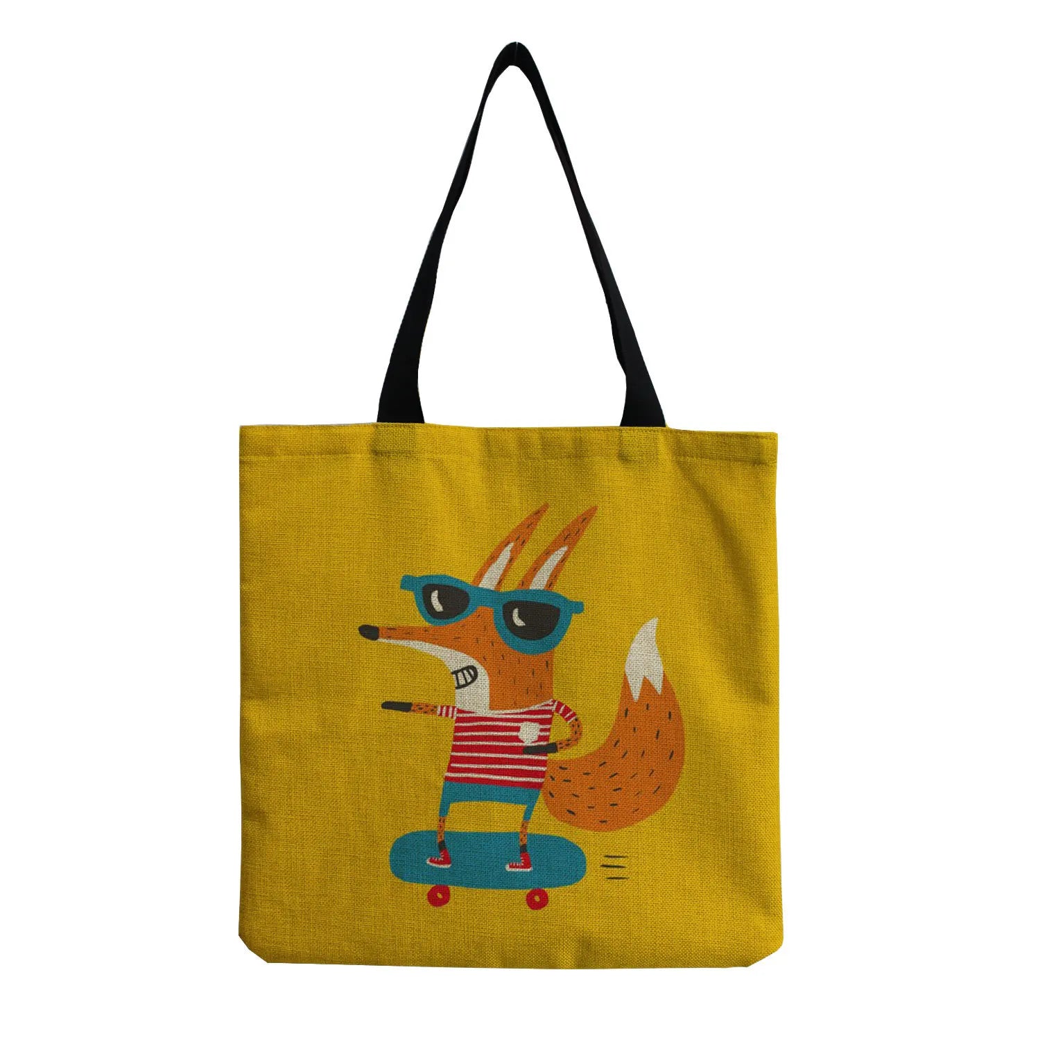 Fox Printed Linen Fabric Shoulder Bag For Women Girl Tote Handbag