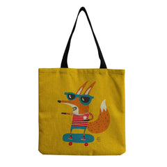 Fox Printed Linen Fabric Shoulder Bag For Women Girl Tote Handbag