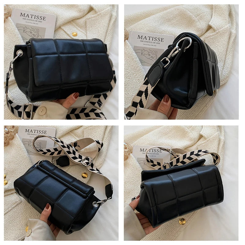 Ybyt Flap Shoulder Bag Plaid PU Leather Crossbody Wide Strap Handbag