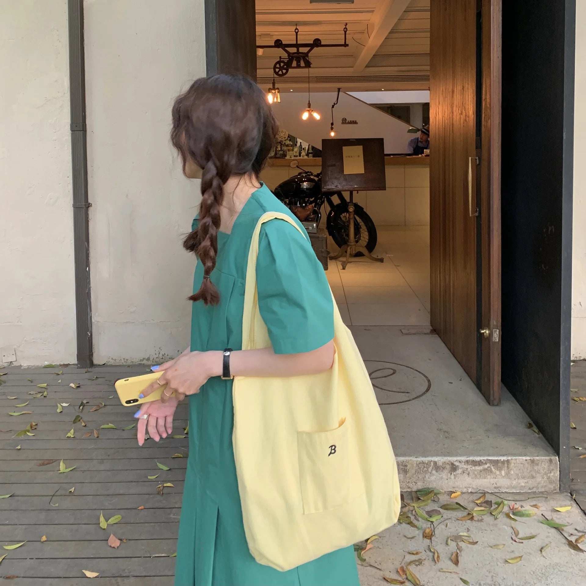 Yellow Canvas Shoulder Bags Women Large Capacity Casual Shopping Tote Bag