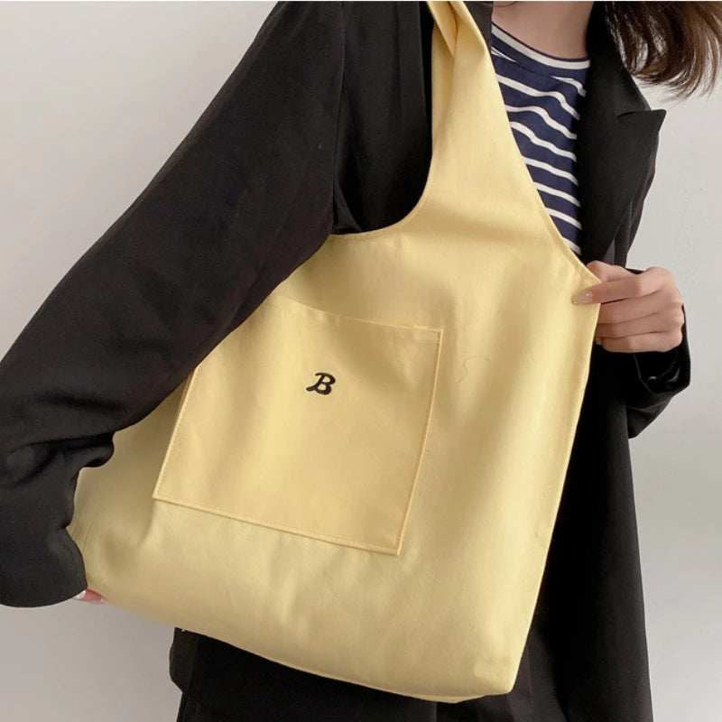 Yellow Canvas Shoulder Bags Women Large Capacity Casual Shopping Tote Bag