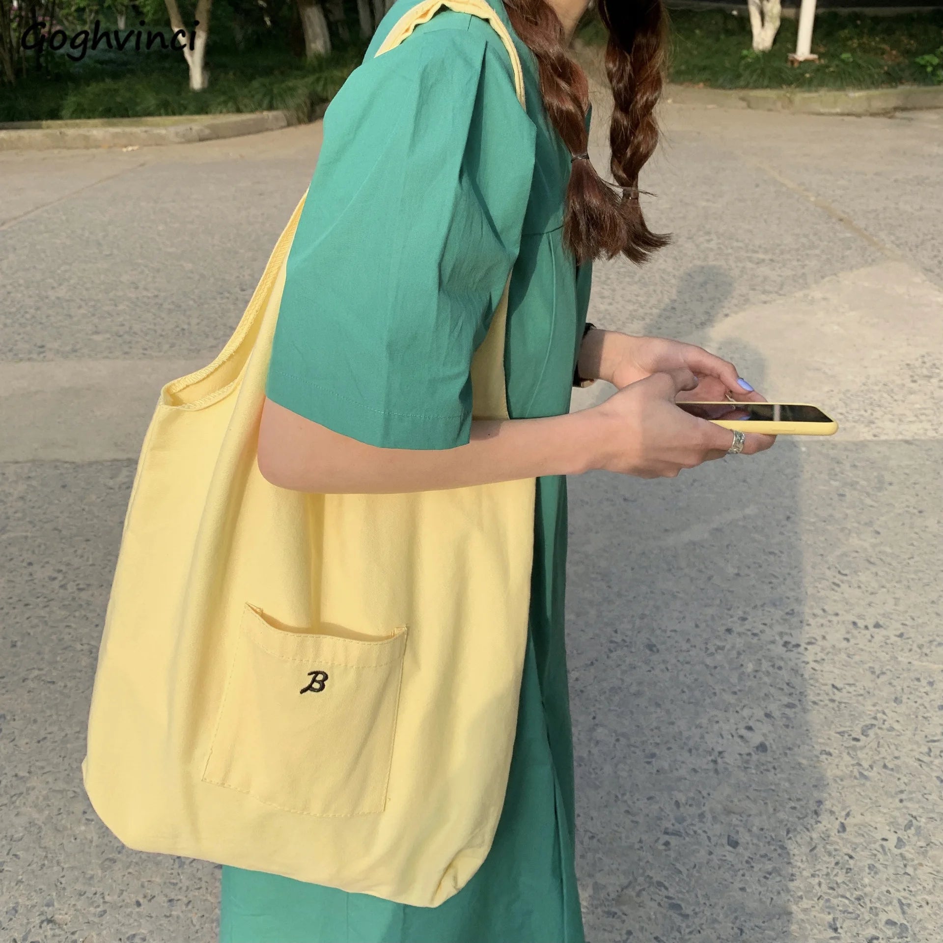 Yellow Canvas Shoulder Bags Women Large Capacity Casual Shopping Tote Bag