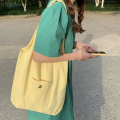 Yellow Canvas Shoulder Bags Women Large Capacity Casual Shopping Tote Bag