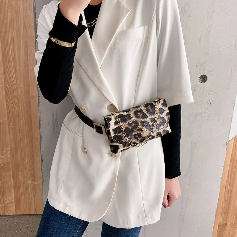 Leopard Pattern Shoulder Bag Waist Fanny Pack Lady PU Purse
