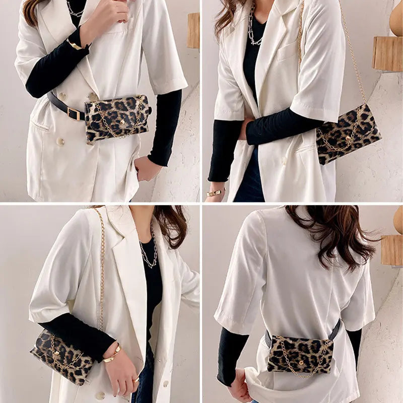 Leopard Pattern Shoulder Bag Waist Fanny Pack Lady PU Purse