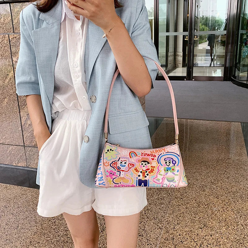 Cartoon Women Handle Bag PU Leather Shoulder Totes Vintage Top Female Clutch