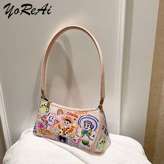 Cartoon Women Handle Bag PU Leather Shoulder Totes Vintage Top Female Clutch