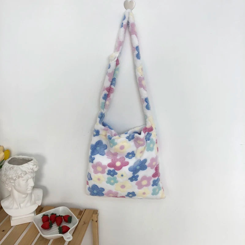 Women Flower Print Shoulder Bag Plush Bucket Crossbody Tote Bag