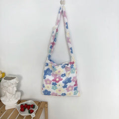 Women Flower Print Shoulder Bag Plush Bucket Crossbody Tote Bag