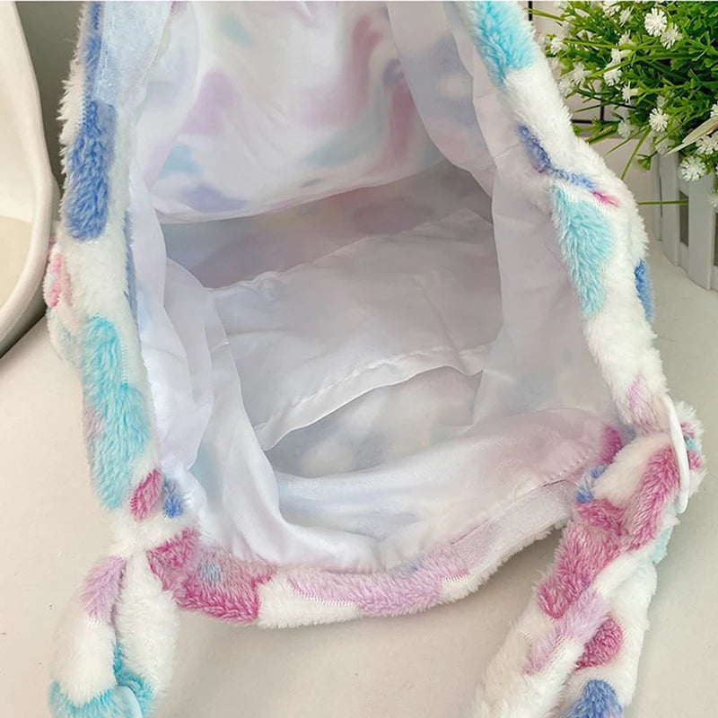 Women Flower Print Shoulder Bag Plush Bucket Crossbody Tote Bag