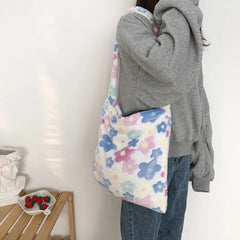 Women Flower Print Shoulder Bag Plush Bucket Crossbody Tote Bag