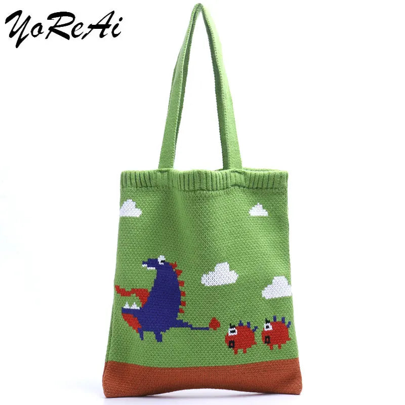 Japanese Womens Knitting Shoulder Bags Dinosaur Cartoon Shopping Bag