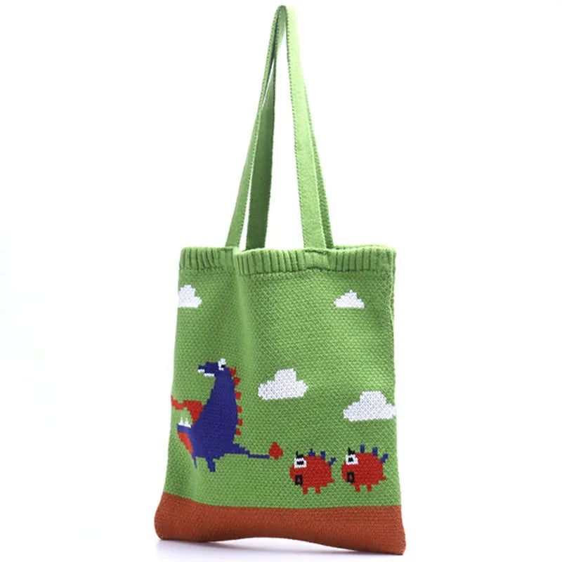 Japanese Womens Knitting Shoulder Bags Dinosaur Cartoon Shopping Bag