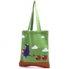 Japanese Womens Knitting Shoulder Bags Dinosaur Cartoon Shopping Bag