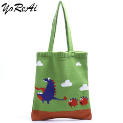 Japanese Womens Knitting Shoulder Bags Dinosaur Cartoon Shopping Bag