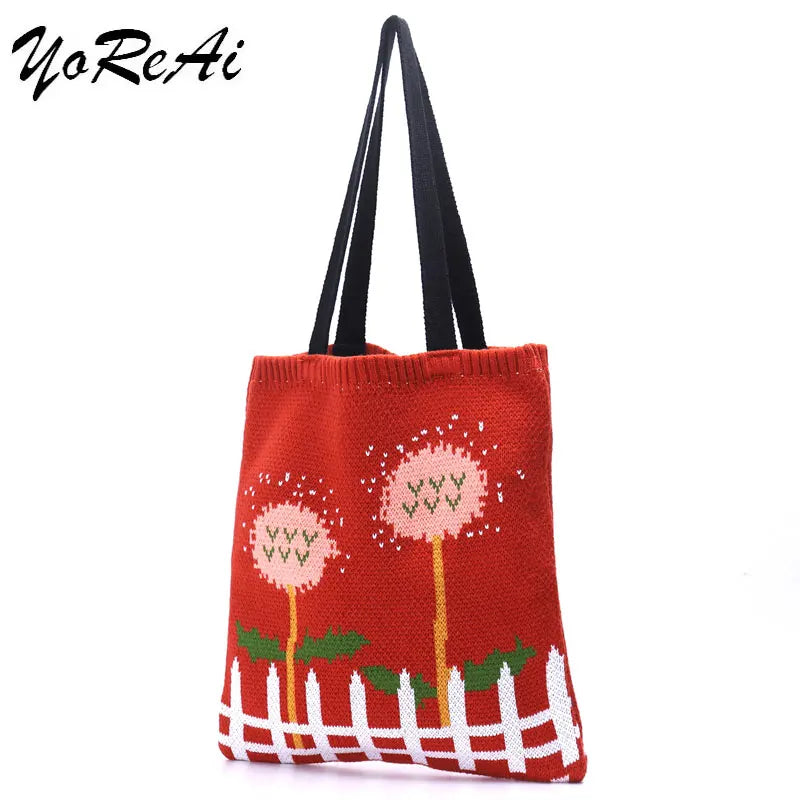 Knitted Shopping Bag Cartoon Shoulder Handbags for Women