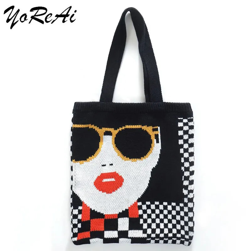 Women Handbag Chess Shopping Shoulder Bags Schoolbag Woolen Plaid Tote