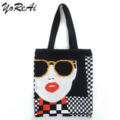 Women Handbag Chess Shopping Shoulder Bags Schoolbag Woolen Plaid Tote