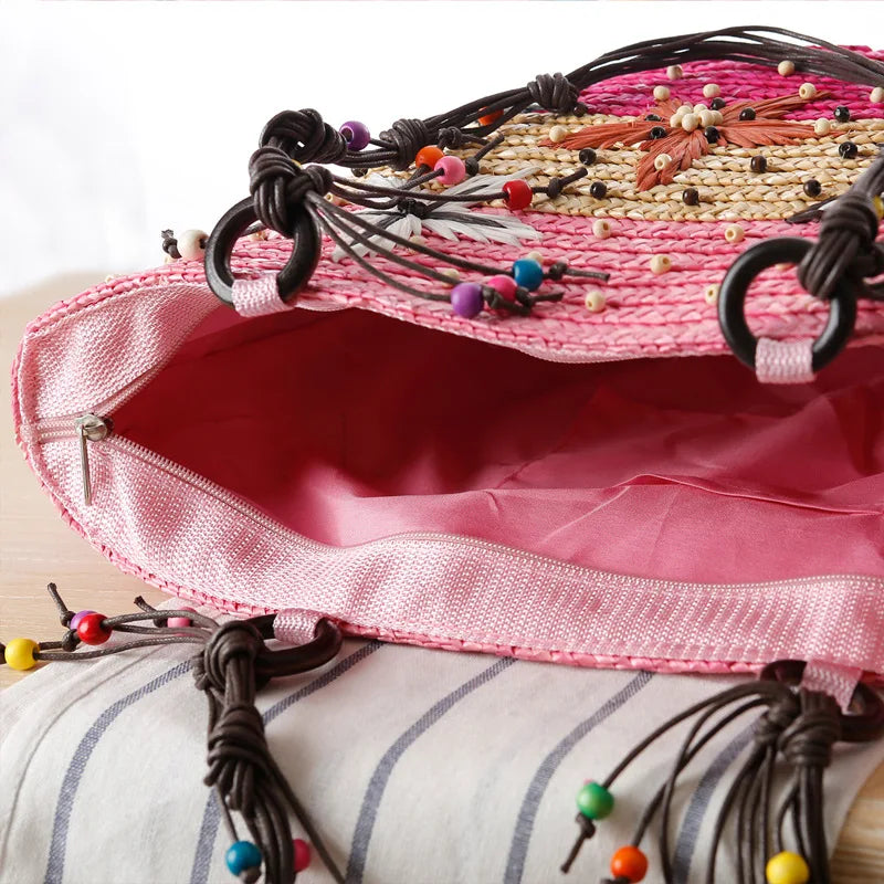 Bohemia Woven Rattan Handbag with Hand Embroidery - Large Capacity Tote