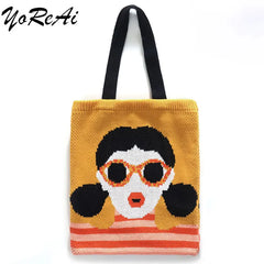 Women Knitting Shopping Bag Cartoon Tote Pack Girl Shoulder Bags Handbag