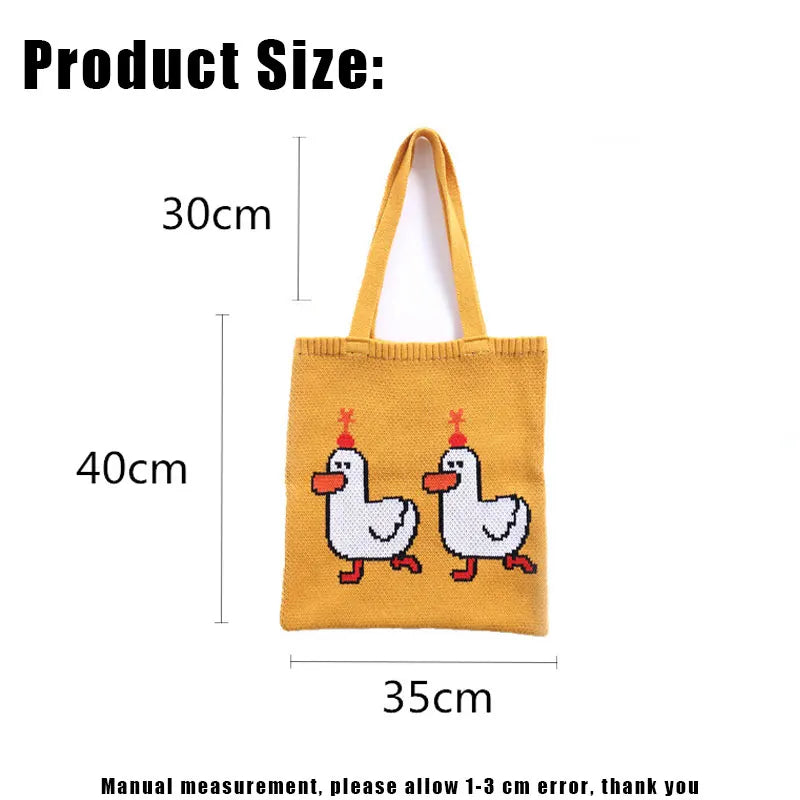 Women Knitting Shoulder Bags Duck Cartoon Handbag Casual Tote Literary BookBag