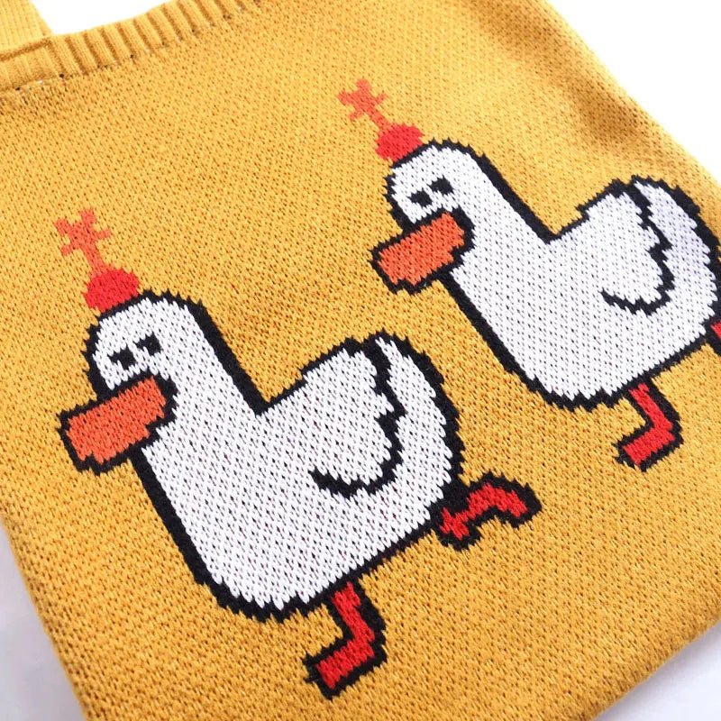 Women Knitting Shoulder Bags Duck Cartoon Handbag Casual Tote Literary BookBag