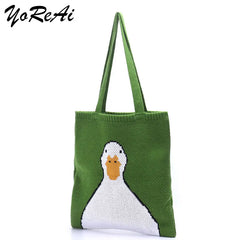 Women Knitting Shoulder Bags Duck Cartoon Handbag Casual Tote