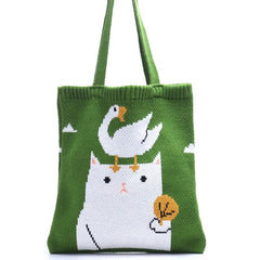 Cartoon Jacquard Shoulder Bag Girls Student Bookbag Tote Reusable Folding