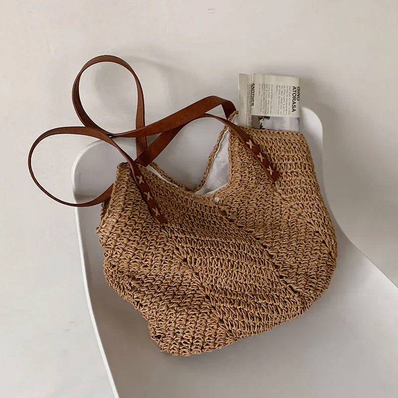 Casual Straw Bucket Shoulder Bag Women Hollow Woven Beach Bags Vacation Rattan T
