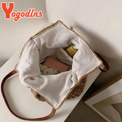 Casual Straw Bucket Shoulder Bag Women Hollow Woven Beach Bags Vacation Rattan T