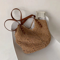 Casual Straw Bucket Shoulder Bag Women Hollow Woven Beach Bags Vacation Rattan T