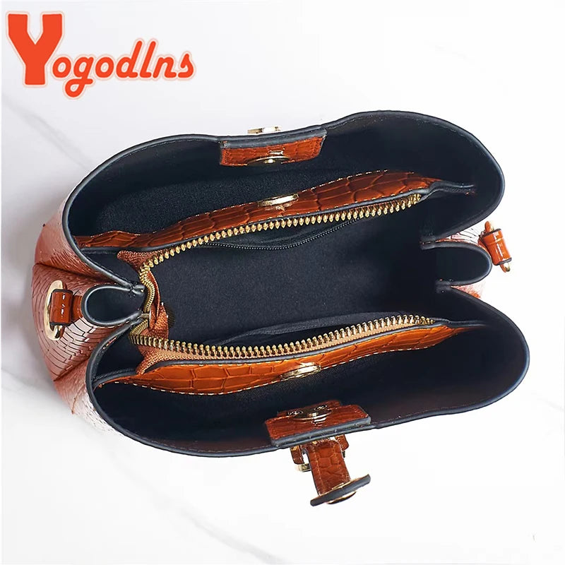 Crocodile Pattern Bucket Bag Crossbody Shoulder Handbag