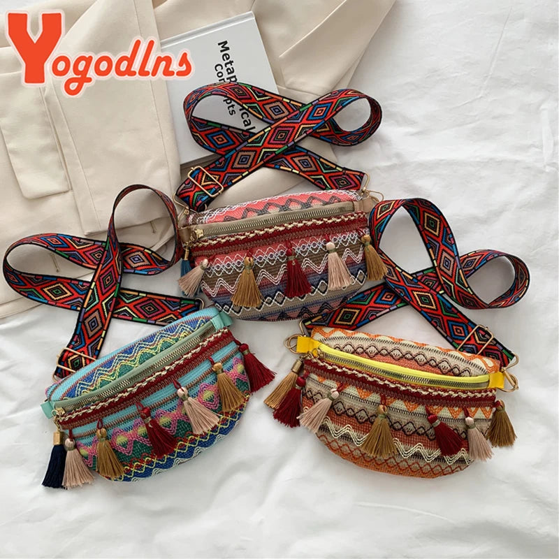 Ethnic Style Tassel Chest Bag Women Braided Shoulder Ladies Crossbody Bag