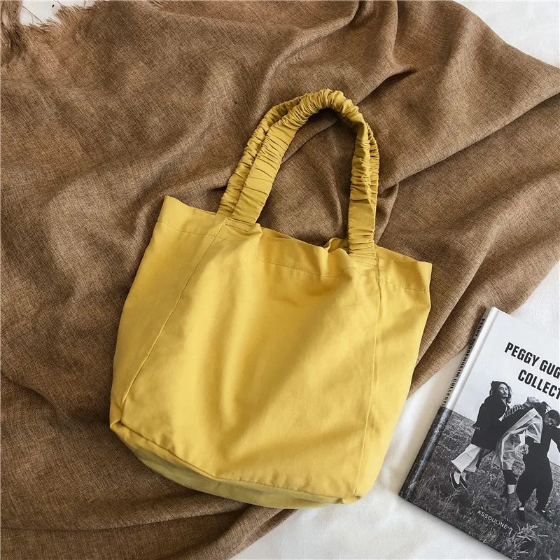 Canvas Shoulder Bag For Women Pleated Shoulder Strap Totes Student Bookbags