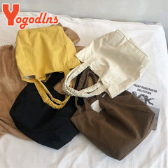 Canvas Shoulder Bag For Women Pleated Shoulder Strap Totes Student Bookbags